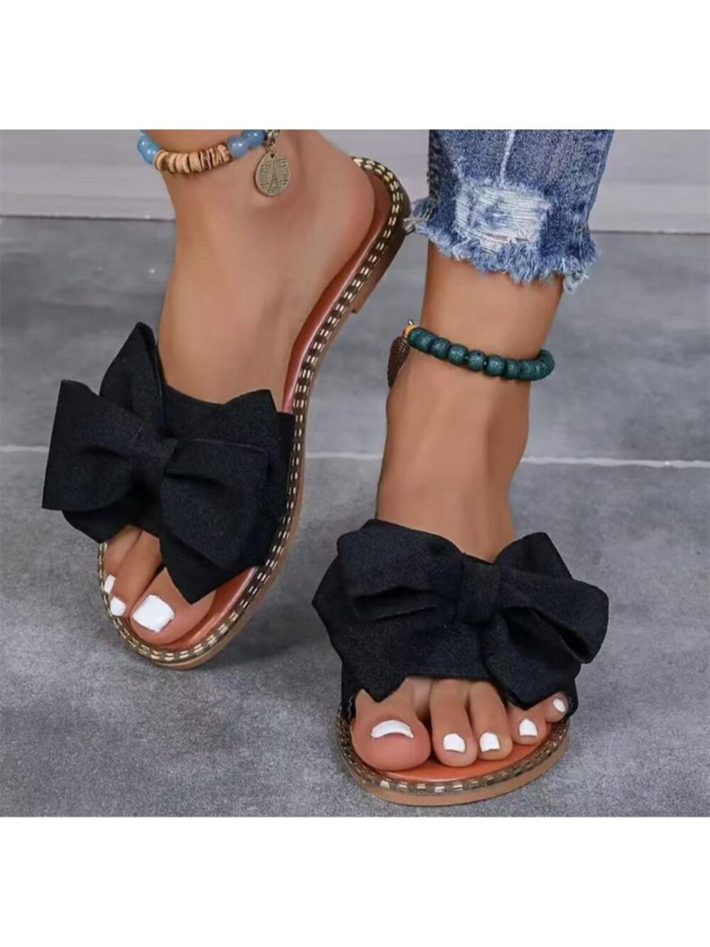 Women's Black Bow Knot Slides Open Toe Flat Sandals Slip On Beach Shoes - Picture 4 of 5